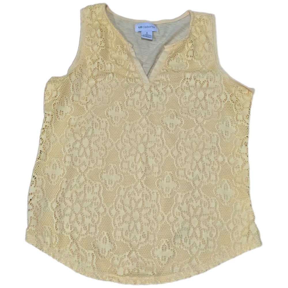 Liz Claiborne Women Yellow Floral Lace Front Tank Top‎ Split V-Neck Sleeveless S